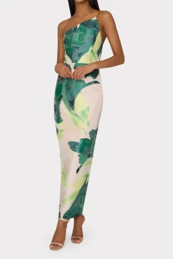 MILLY Guest Of Dresses-Asymetrical Tropical Forest Jacquard Midi Dress
