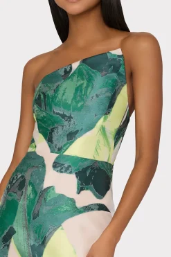 MILLY Guest Of Dresses-Asymetrical Tropical Forest Jacquard Midi Dress