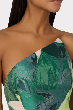 MILLY Guest Of Dresses-Asymetrical Tropical Forest Jacquard Midi Dress