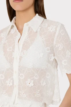 MILLY Cover-Ups-3D Floral Cotton Eyelet Button Up Top