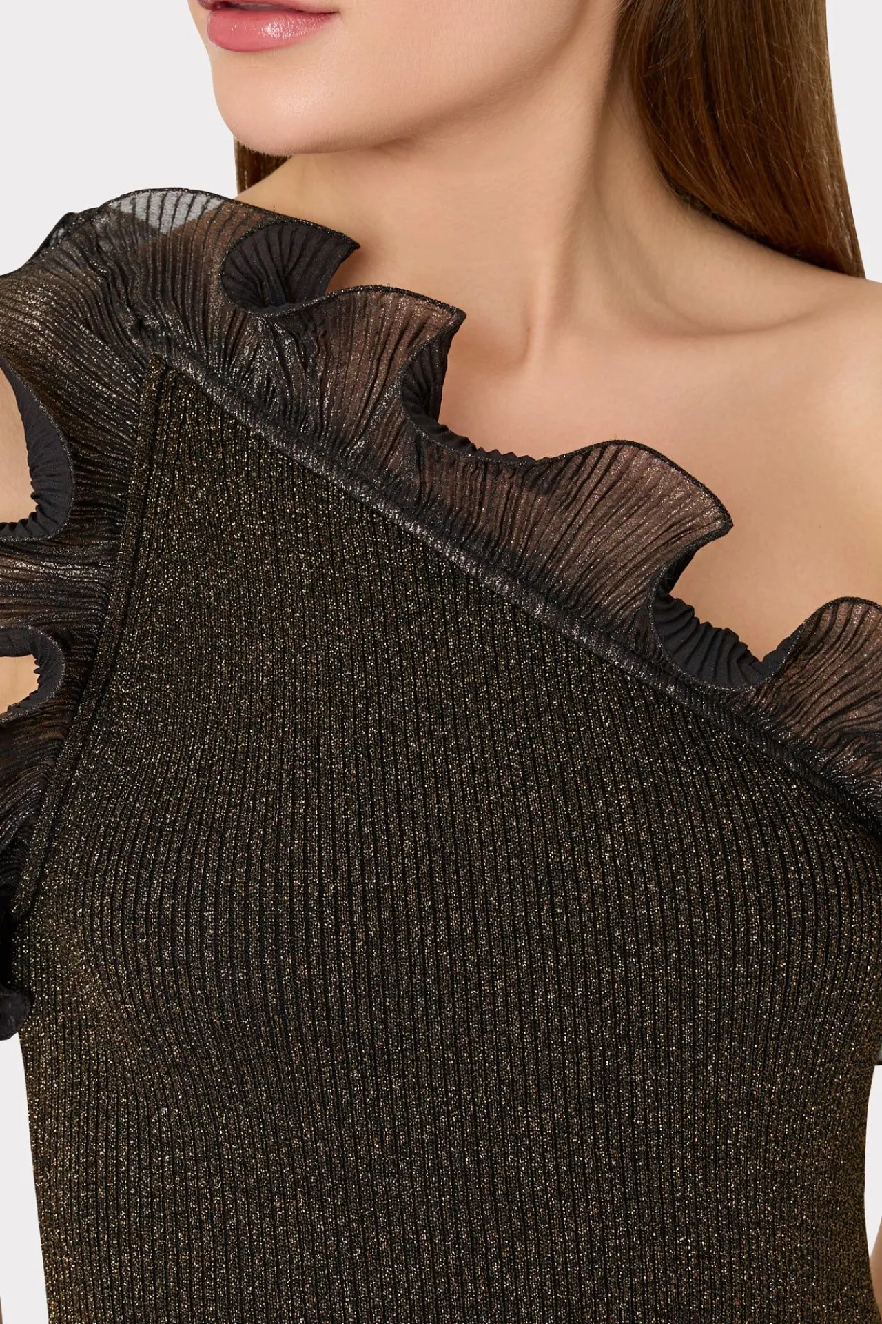 MILLY Knit Dresses-Metallic Scallop Ruffle One Shoulder Dress