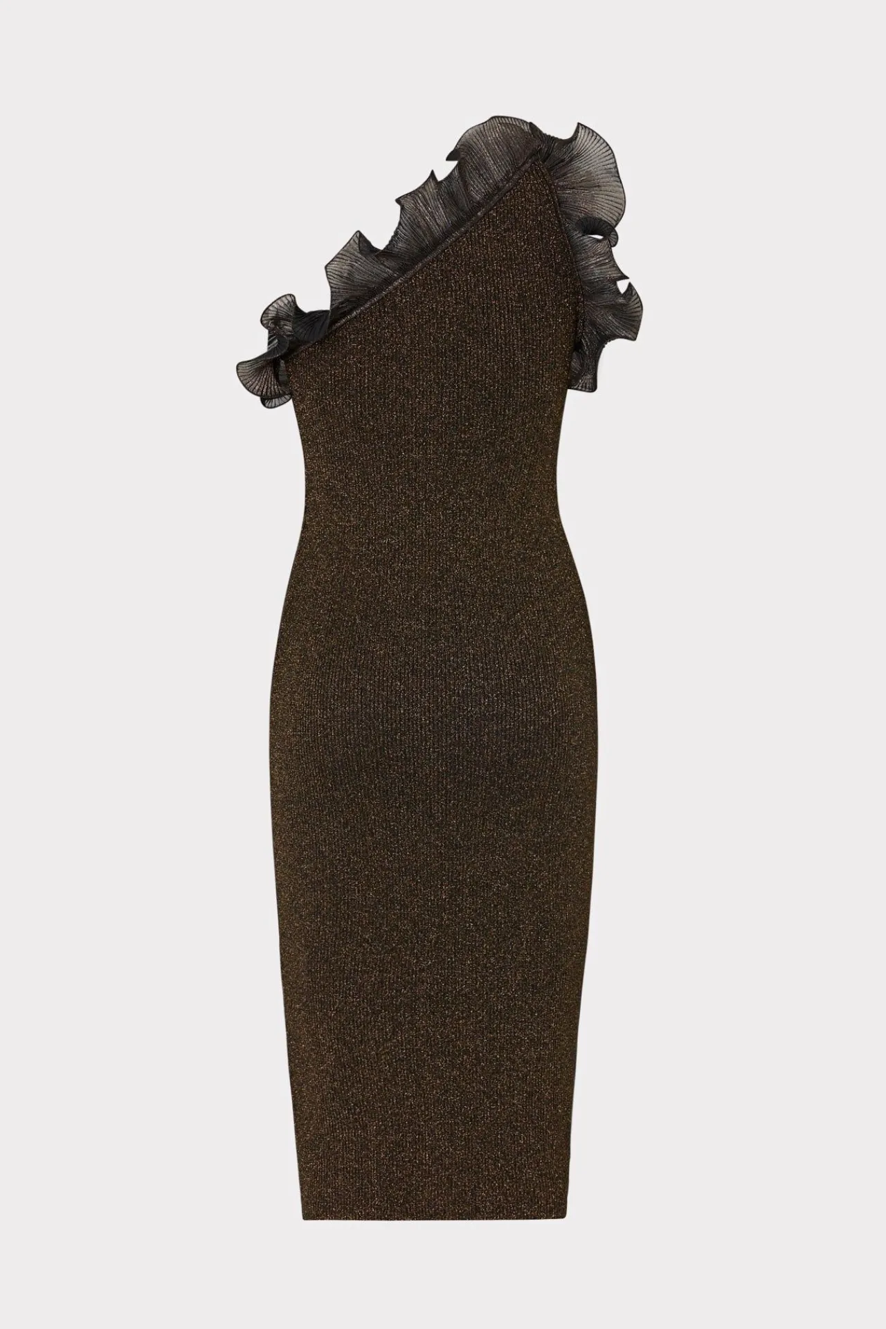 MILLY Knit Dresses-Metallic Scallop Ruffle One Shoulder Dress